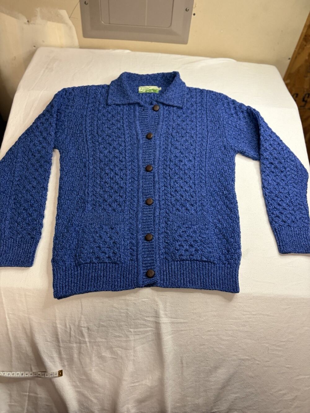 Shades Of Aran Ireland Cardigan Women’s M 100% Merino Wool Blue Cable Knit